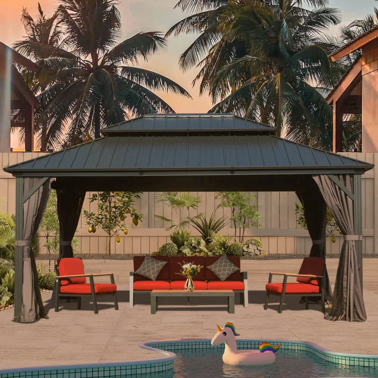 Aluminum Heavy Duty Sun Shade Canopy Hardtop Gazebo Galvanized Steel Patio Gazebo With Overhang Slope-design Double Roof