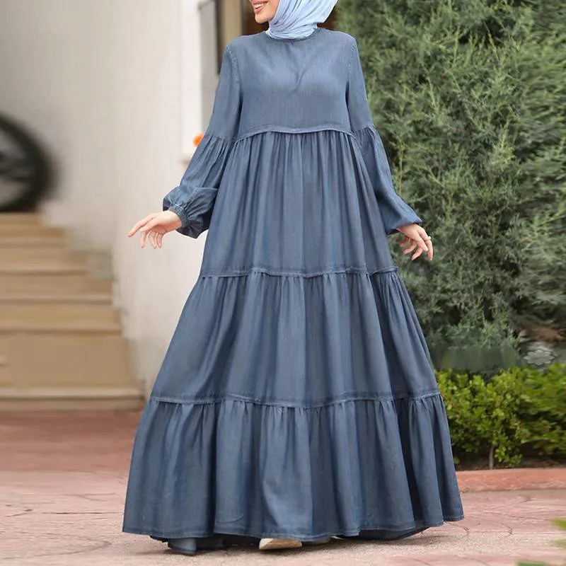Muslim Long Dress Lady New Model Abaya In Dubai Solid Color Long Muslim Dress Women Casual Pleated Abaya Women Muslim Dress