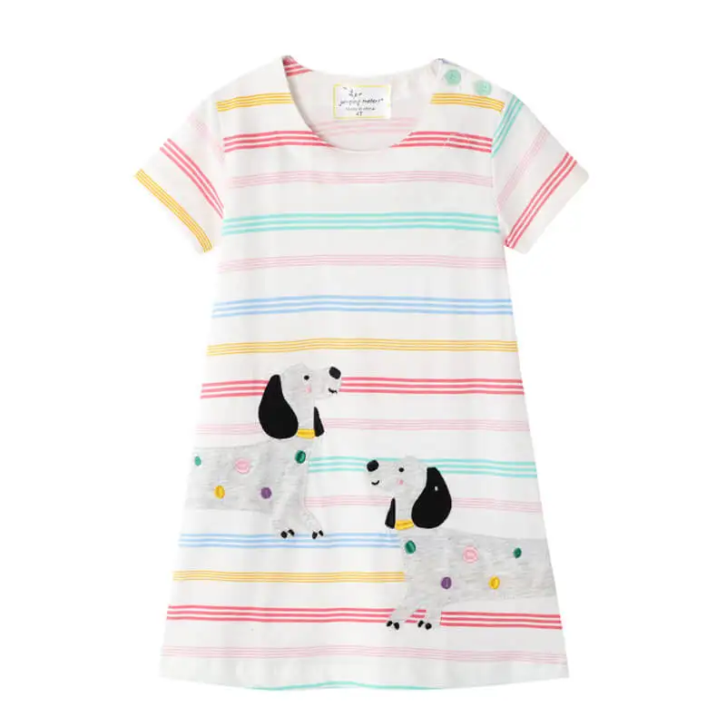 
Boutique 2020 Cute Animal Dog Applique White Cotton Short Sleeve Striped Birthday Outfits Kids Girls Dress Children 