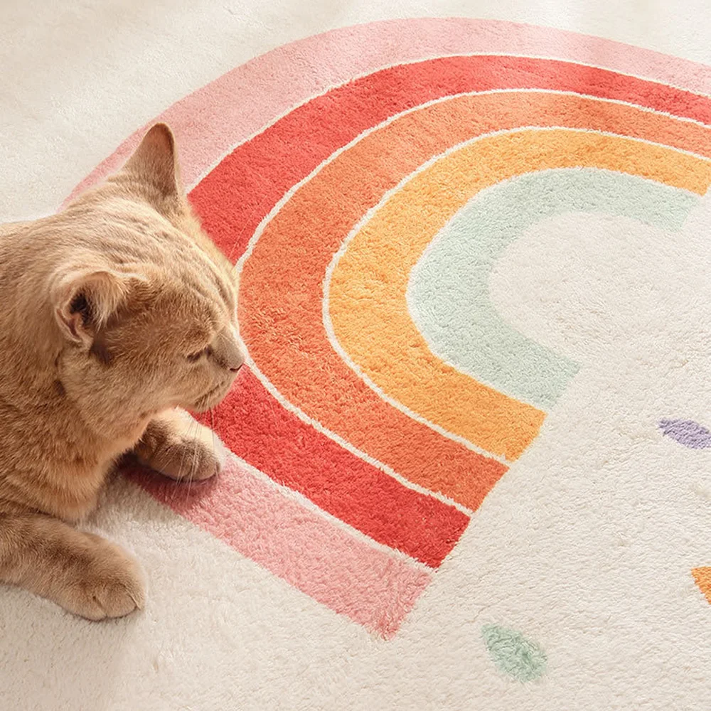 Adorable Rainbow Round Carpet Non-Slip Door Mat Shag Faux Cashmere Area Rugs for Livingroom