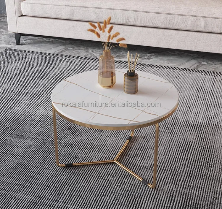 Nordic Style Nesting Coffee Table Set Gold Metal Frame Rock Slab Top Coffee Table Modern Living Room 3 Leg Round Tea Table