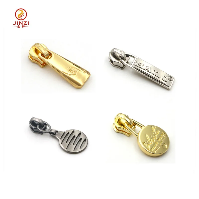 Jinzi metal craft factory custom brand name logo metal zipper pull and zip puller for clothing/bags/purse