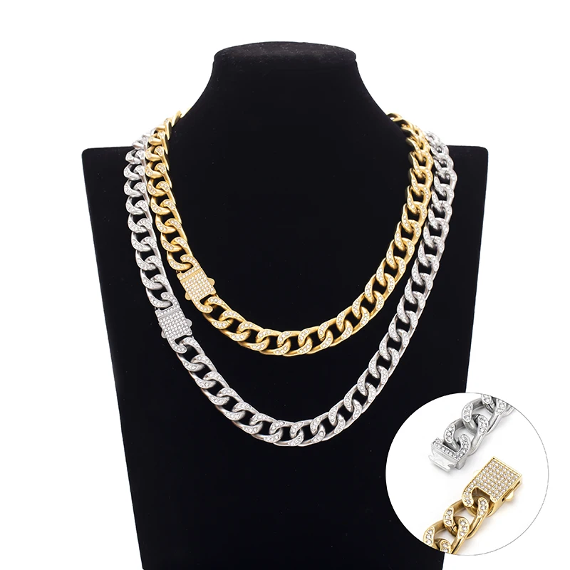 European punk heavy metal hip Hop jewelry 13mm stainless steel Cuban Chain necklace set with diamond 18K gold necklace