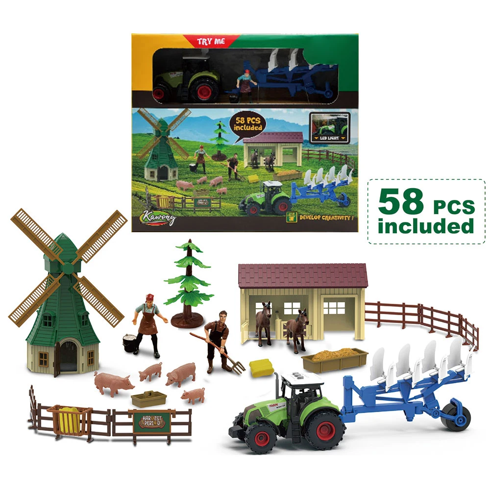 58pcs Children theme play set plastic pig model farm diy toy with farmer and slidng harvester tractor