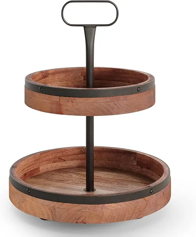 Customized Farmhouse - Wood Tiered Tray Decor - Wooden Stand - Rustic Two Tier Tray with Metal Accents