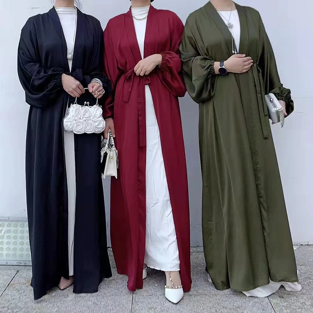 2022  New Arrival  Dubai Turkey Muslim dress  Islamic women satin Open Kimono Abaya Cardigan