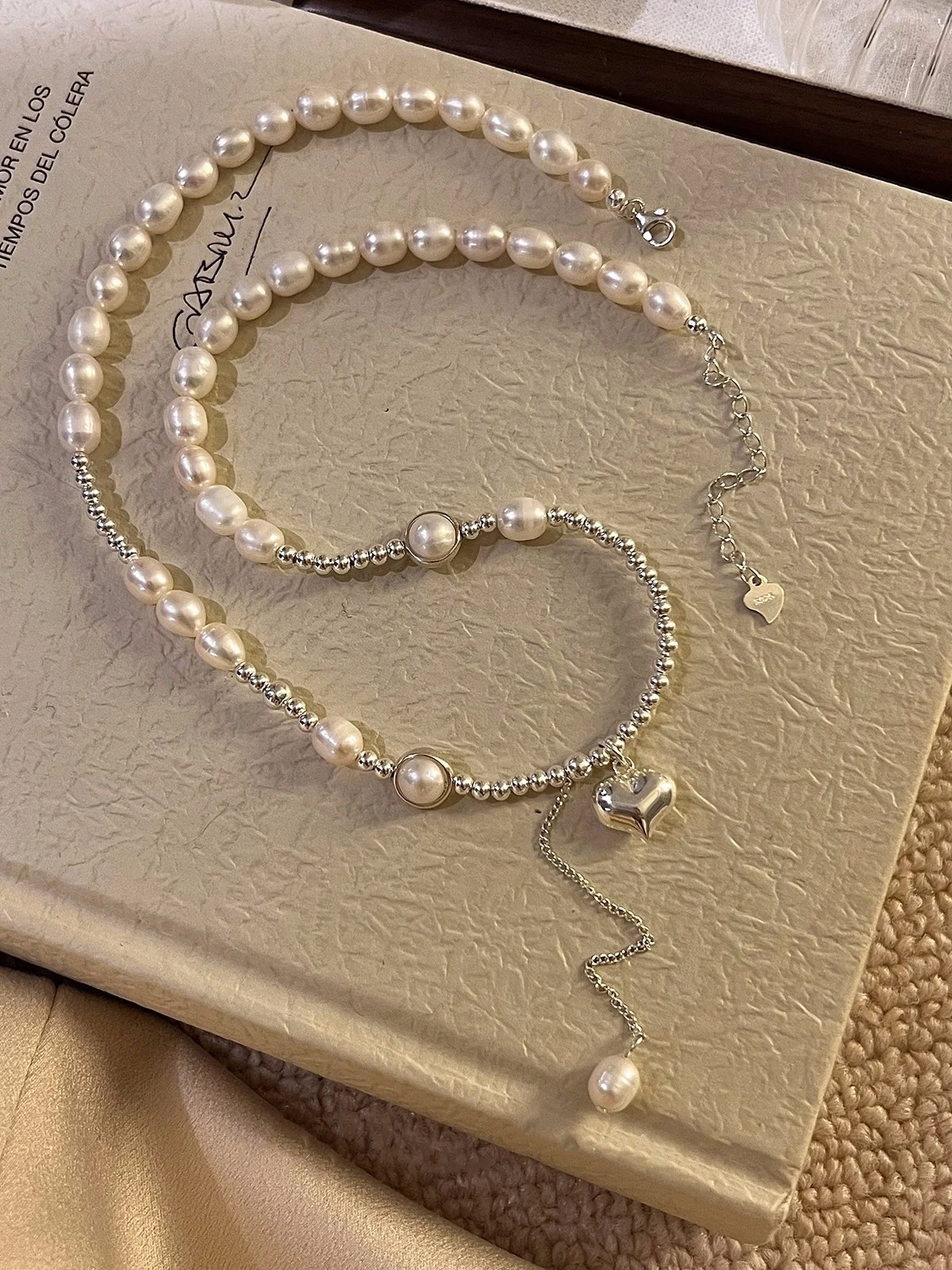 Dainty Elegant  925 Sterling Silver choker necklace pearl Pendant Necklace bracelet set jewelry