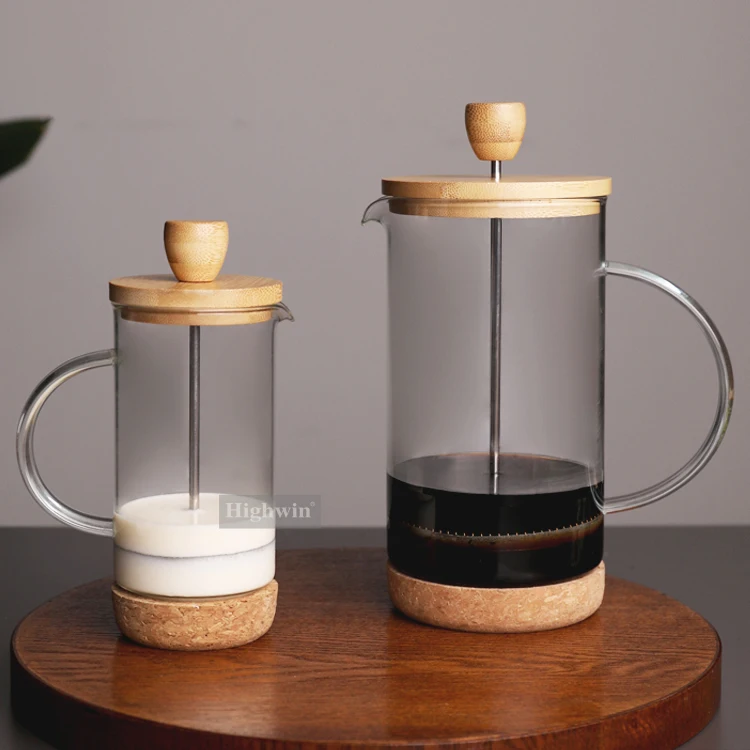 HIGHWIN Heat Resistant Bamboo Lid French Press High Borosilicate Glass French Press