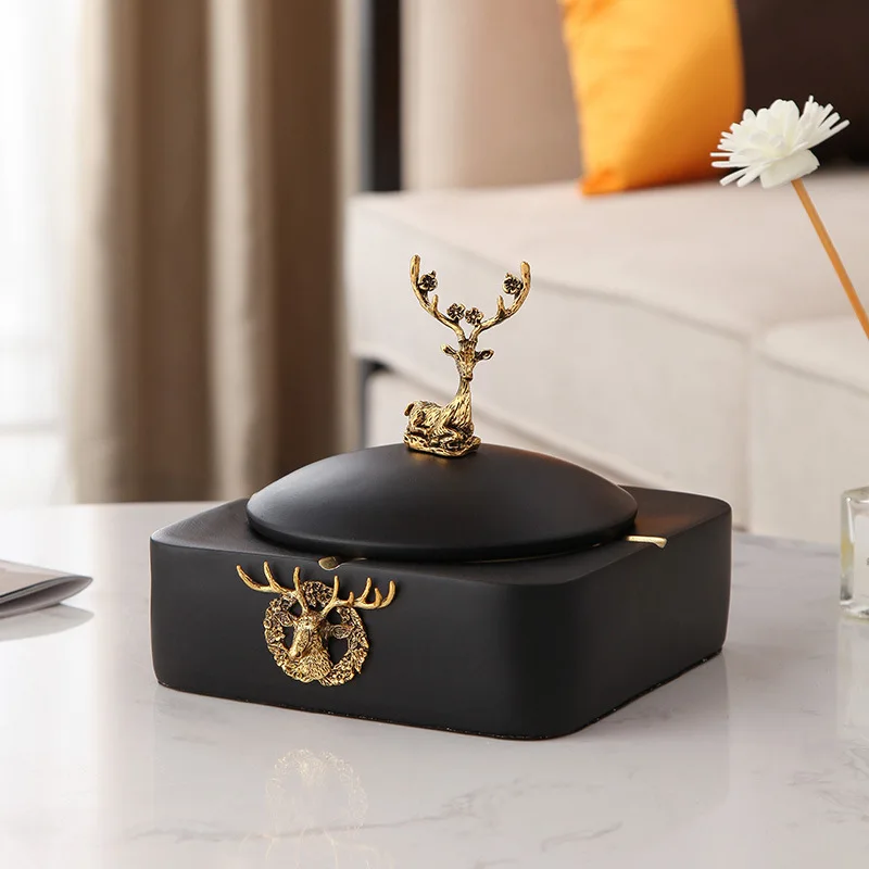 Custom Printed Logo Office Home Luxury Gold Plated Black Glazed Square Ceramic Cigarette Ash Tray Ashtray with Lid