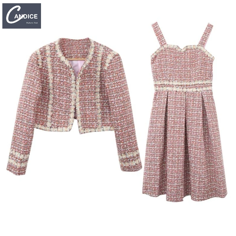 Candice Korean style high quality elegant beaded pearl tweed coat pink long sleeve 2 piece set women dress