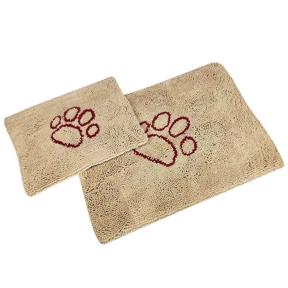Non-slip thick washable pet  rug  microfiber chenille mat highly absorbent  clean paw design dog mat feeding mat