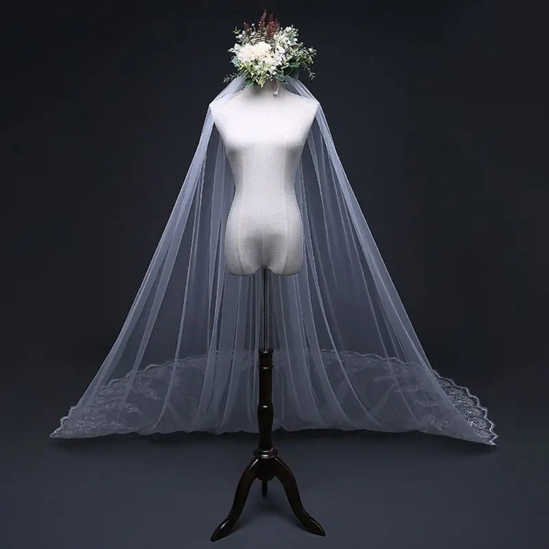 One Layer Women Trailing Cathedral Long Wedding Veil Embroidered Floral Lace Applique Scalloped Trim Bridal Veil With Comb