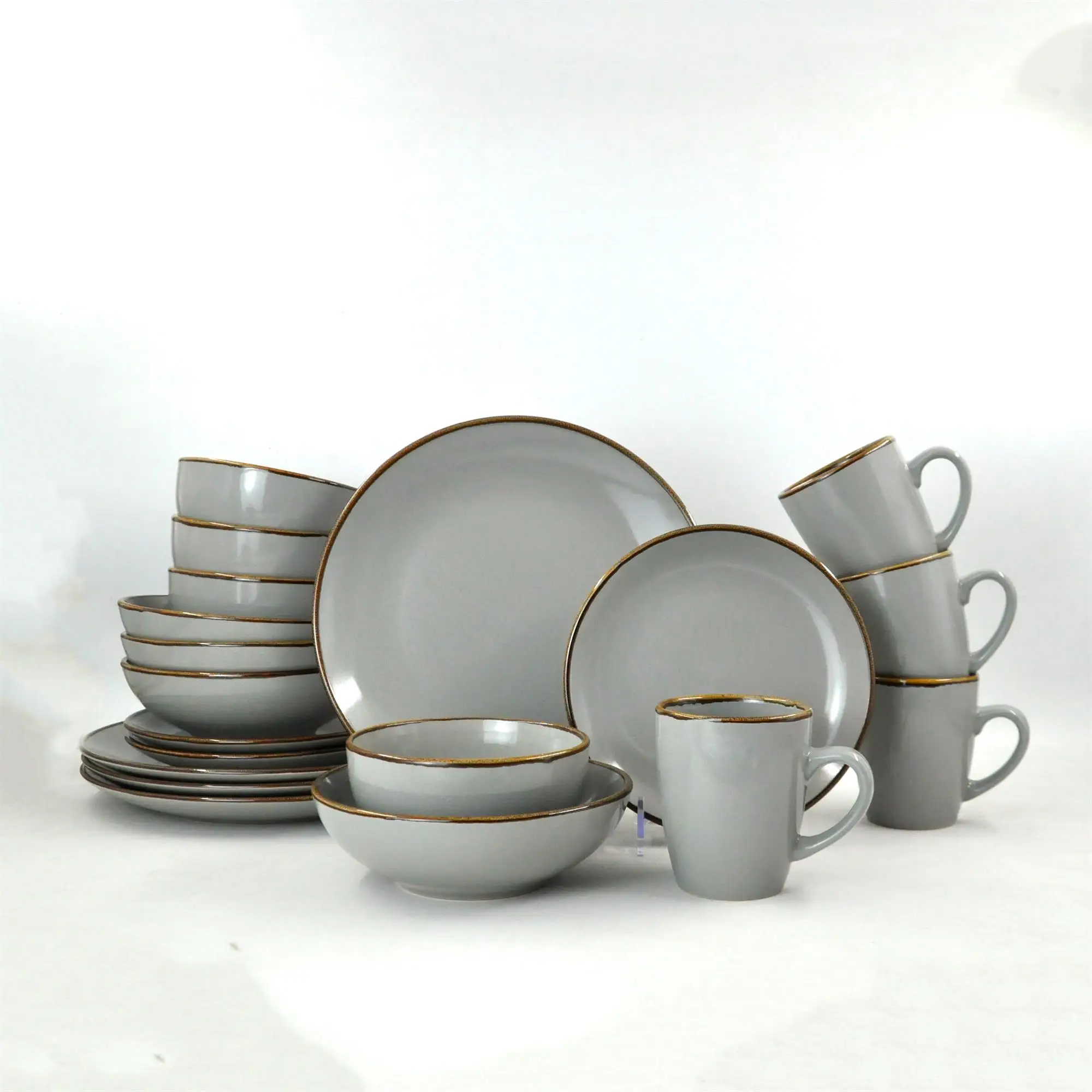 Brown rim stoneware ceramic dinner set color glazed 5.5 inch bowls 10.5inch plates dinnerware
