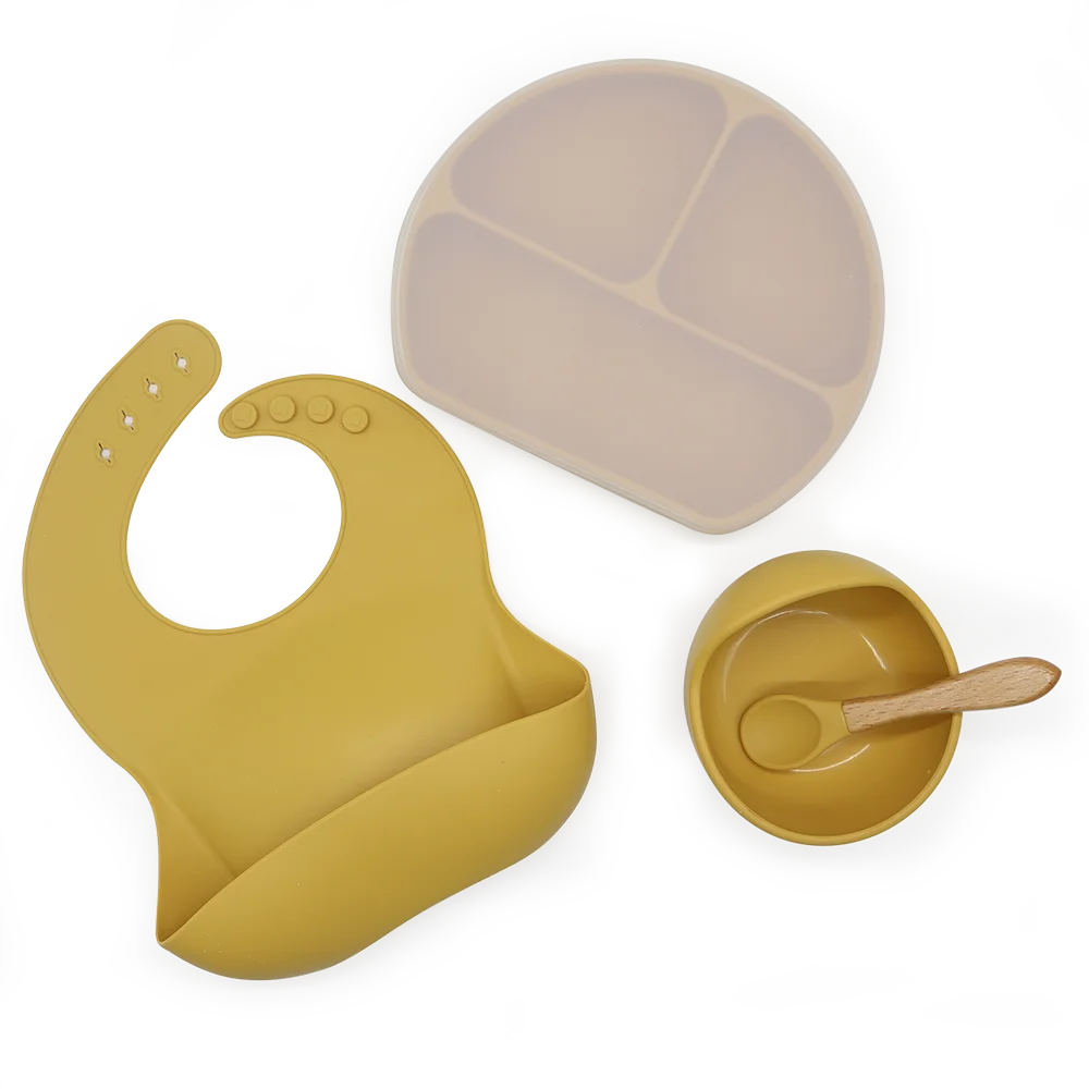 Baby Led Weaning Feeding Supplies Toddler Waterproof Bib Silicone Plate Spoon And Bowl Bpa Free silicone baby feeding sets