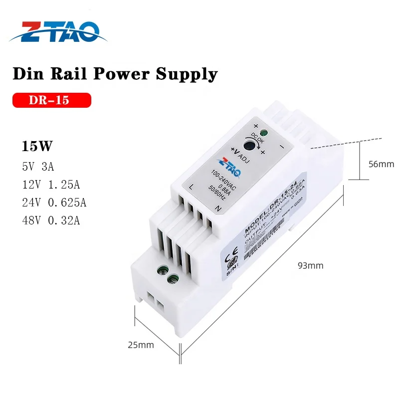 15W 60W 120W 240W 480W DC 5V 12V 24V 36V 48V Smps Din Rail Mounted Switching Mode Power Supply for Industrial Control