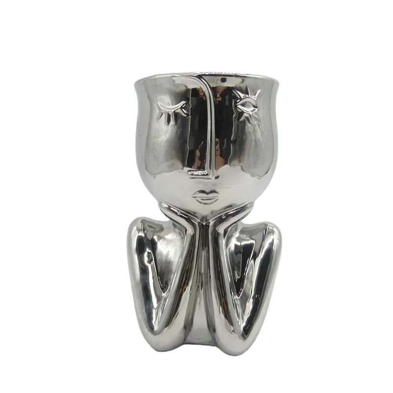 Modern European Style Electroplate Human Sculpture Ceramic Pot Face Flower Vase  Head Shape Flower Pot