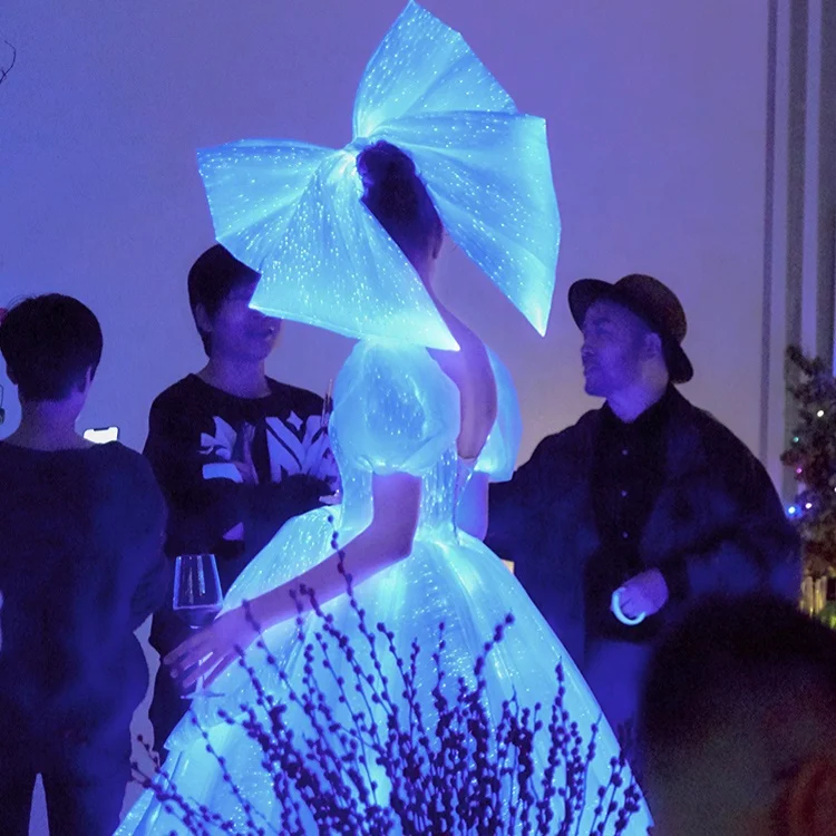 Haute Handmade Couture Vestidos De Novia V Neck Short Puff Sleeve 7 Color Led Light up Bowknot Wedding Dress