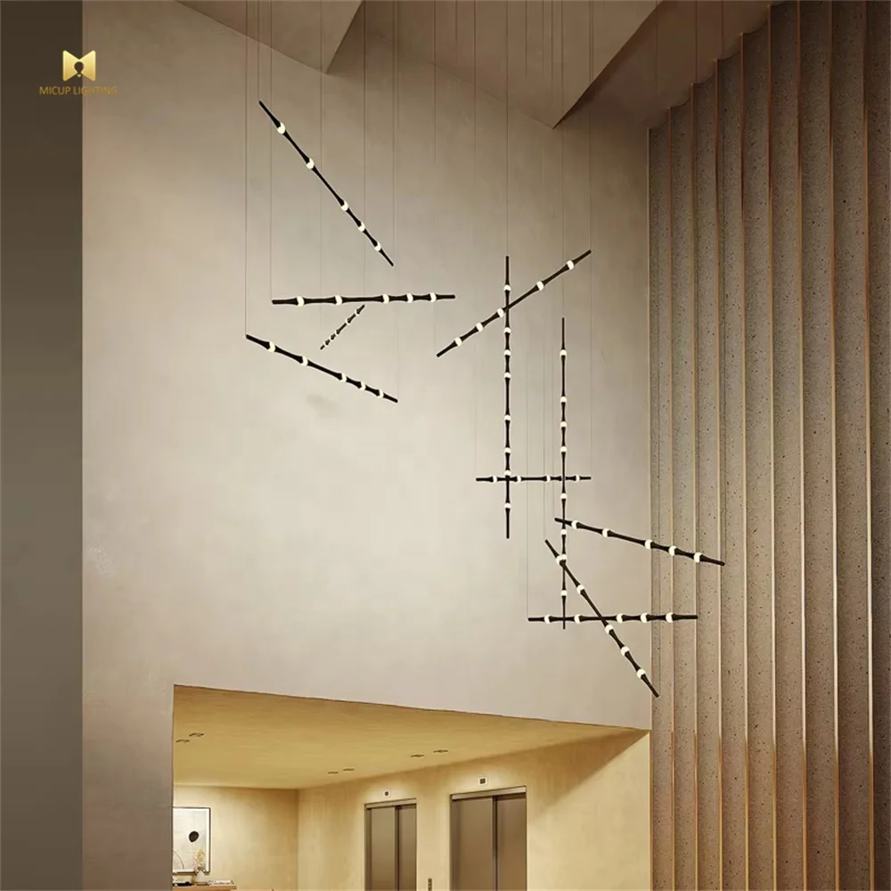 Creative Modern Simple Black Aluminum Long Drop LED Pendant Lamp Restaurant Word Bamboo Chandelier