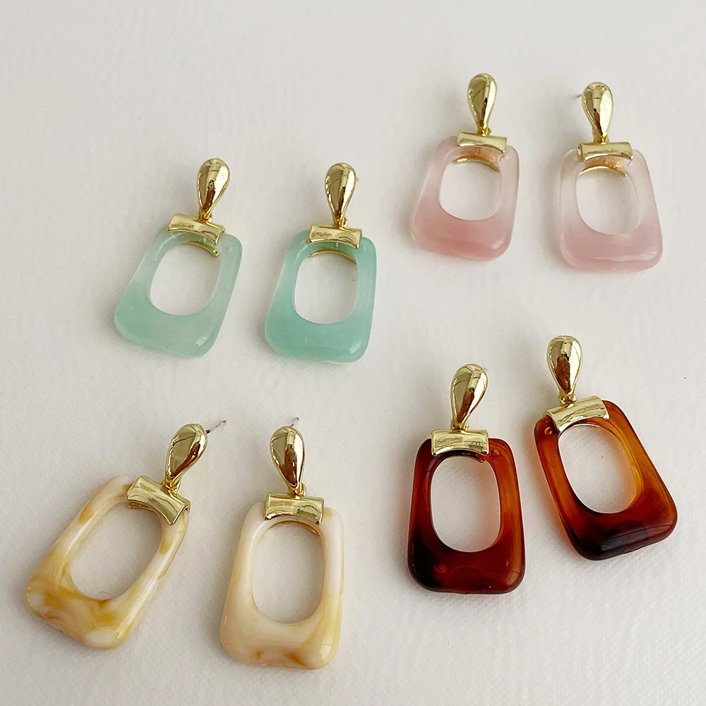 JUHU Korea square geometric cream brown earrings female retro resin long temperament S925 silver needle acrylic earrings jewelry