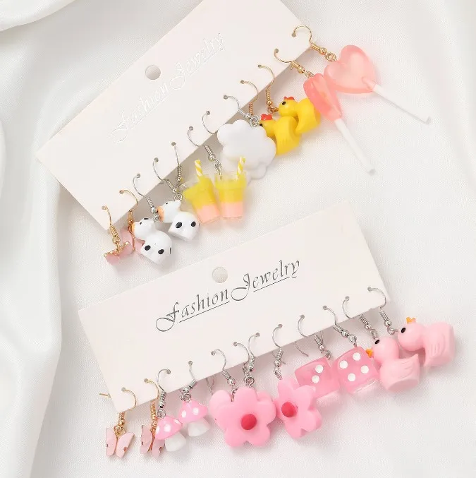 New Cartoon Cute Butterfly White Cloud Candy Duck Cow Mushroom Colorful Girls Jewelry Earrings Pendant Set