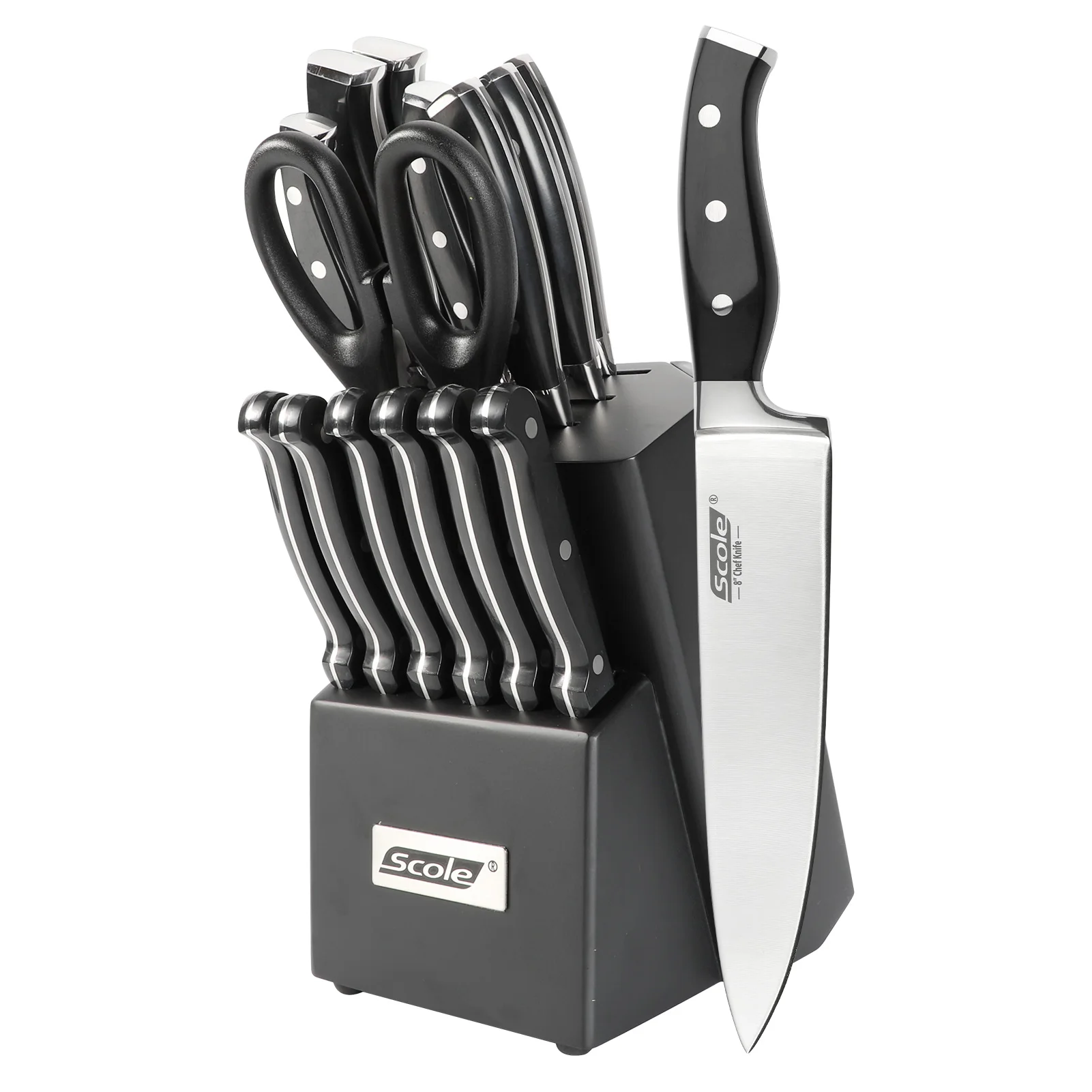 Block Kitchen Knife Set 15 pcs Stainless Steel ABS Handle Wooden Black Packing Piece Packaging Color box