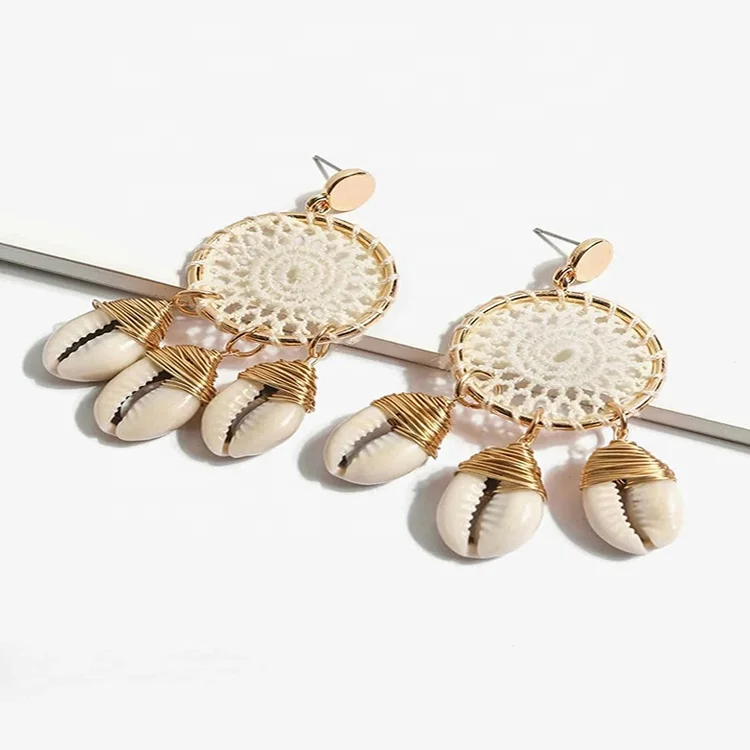 Fashion Jewelry Latest Bohemia Stylish Crochet Disc Earrings Thin Wire Wrapped Snake Shell Earrings for Women