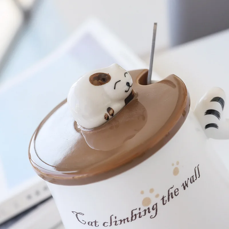 Cute Cartoon Cat Porcelain Lid Coffee Ceramic Mug