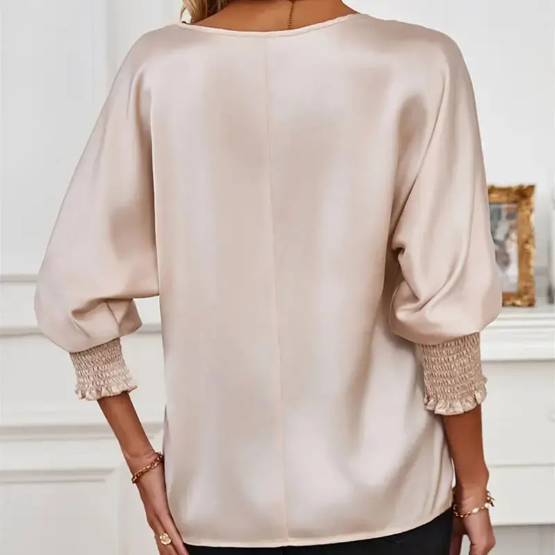 Plus Size Solid V-neck Lantern Sleeve Top Chic Shirred Dolman Blouse Smoothly Elegant Shirred Trim Loose Satin Blouse