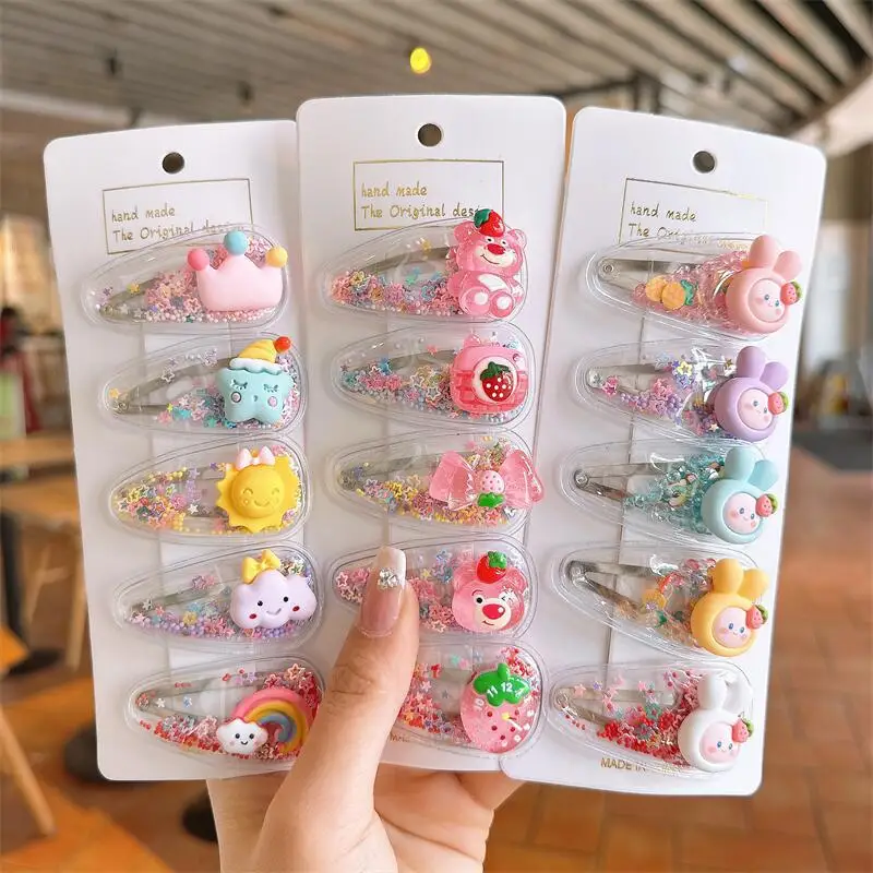 Factory Custom Cute Kids Hair Accessories Children Baby Lovely Cartoon Fruit Quicksand Bb Hair Clips Sets