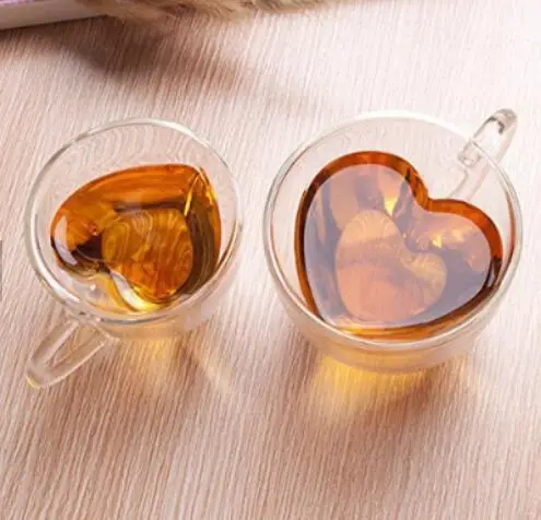 Hot sale Double wall glass cup 250ml Heart Love Shaped Coffee Mug/ Tea Cups Made in China
