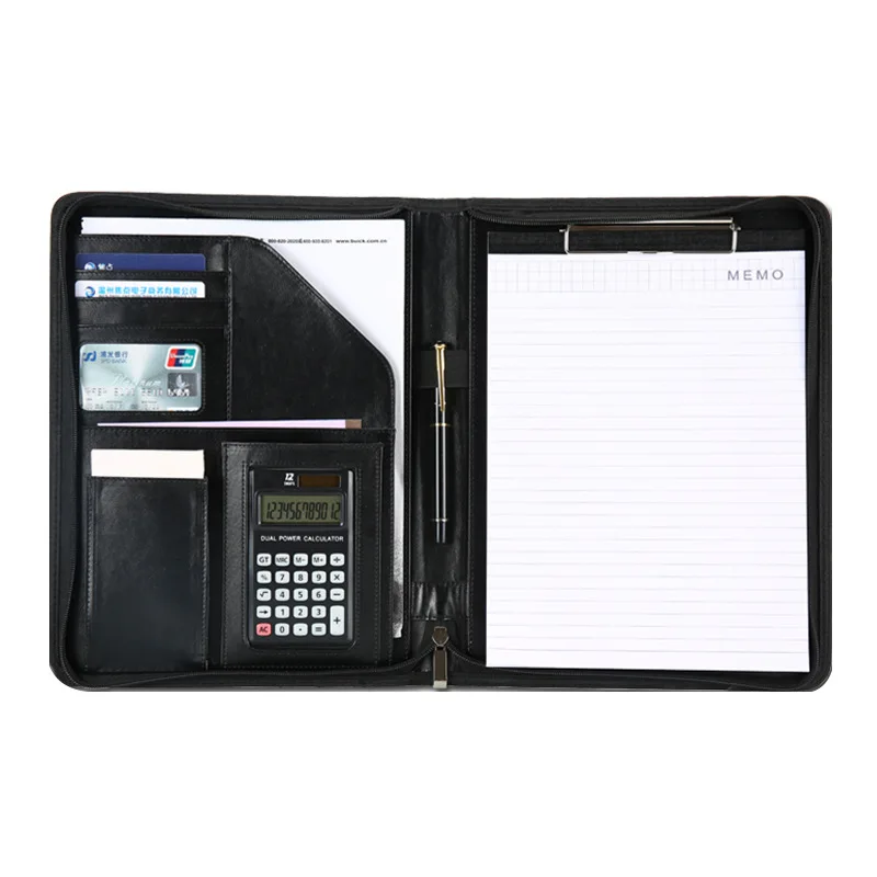 Wholesaler hardcover stationery document portfolio file folder with notebook and 12-digit calculator