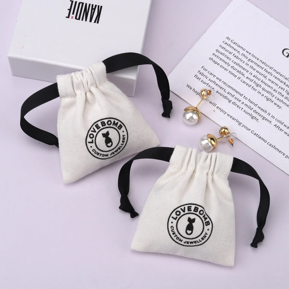 Custom Logo Printing Brush Canvas Jewelry Necklace Bag Drawstring Luxury Cotton Canvas Mini Jewelry Pouch