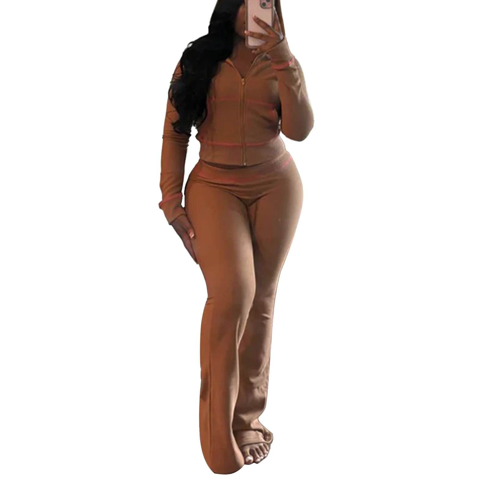 Autumn Stitching Flare Pants Two Piece Sets Women Hooded Long Sleeve Zip Coat And Skinny Pants Outfits