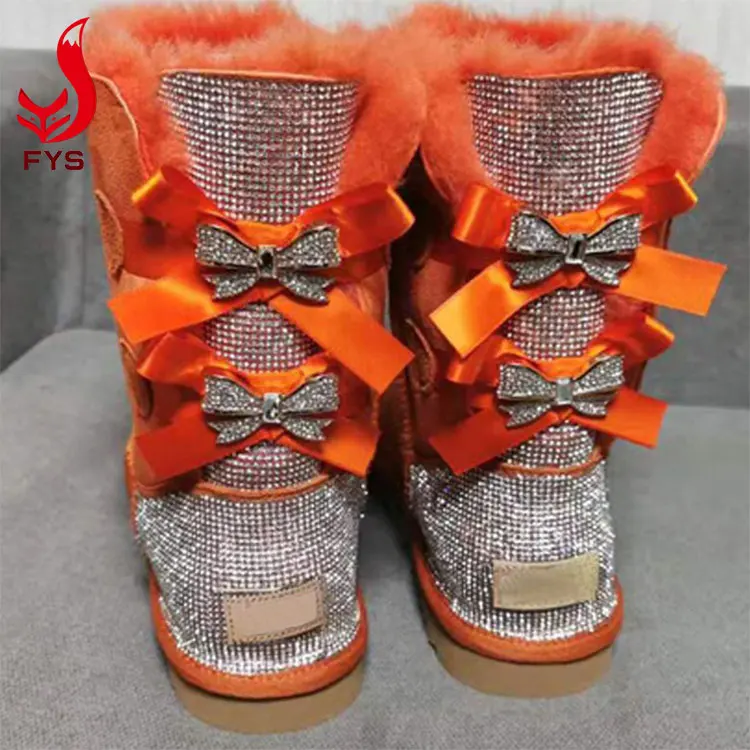 Hot Selling Winter Mid-Tube Warm Snow Boots 2 Bow Flat Heel Women Boots