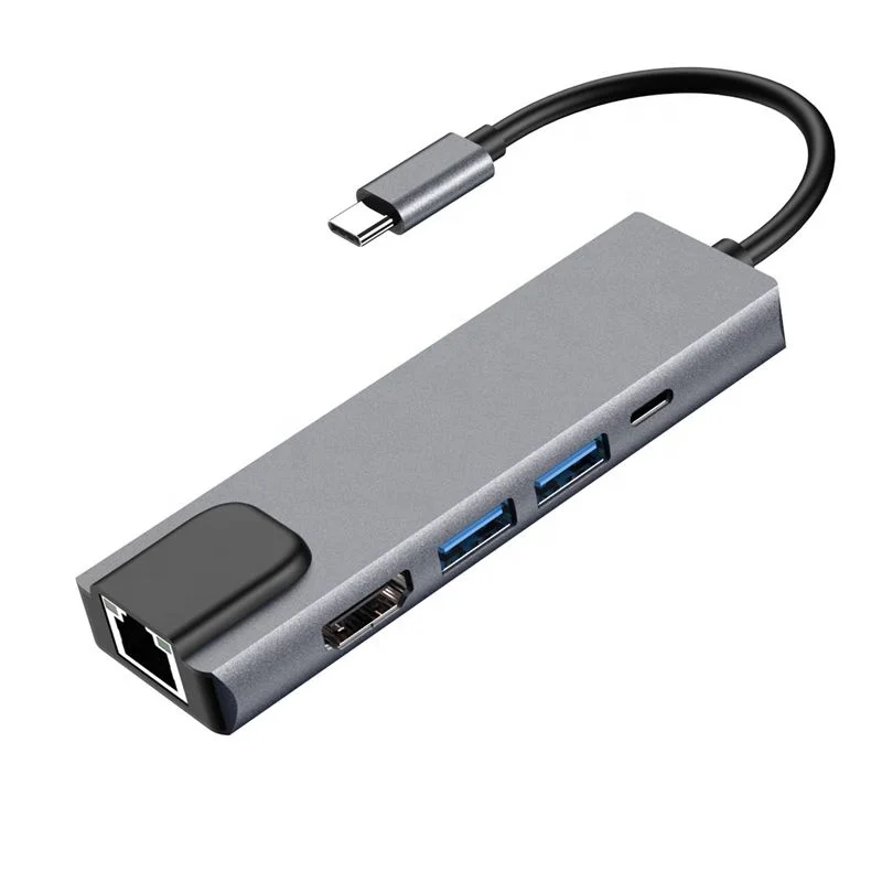 5 in 1 type c hub Adapter with1000M RJ-45 Gigabit Ethernet Port 4k Output 2 USB 3.0 Ports USB C Power Delivery
