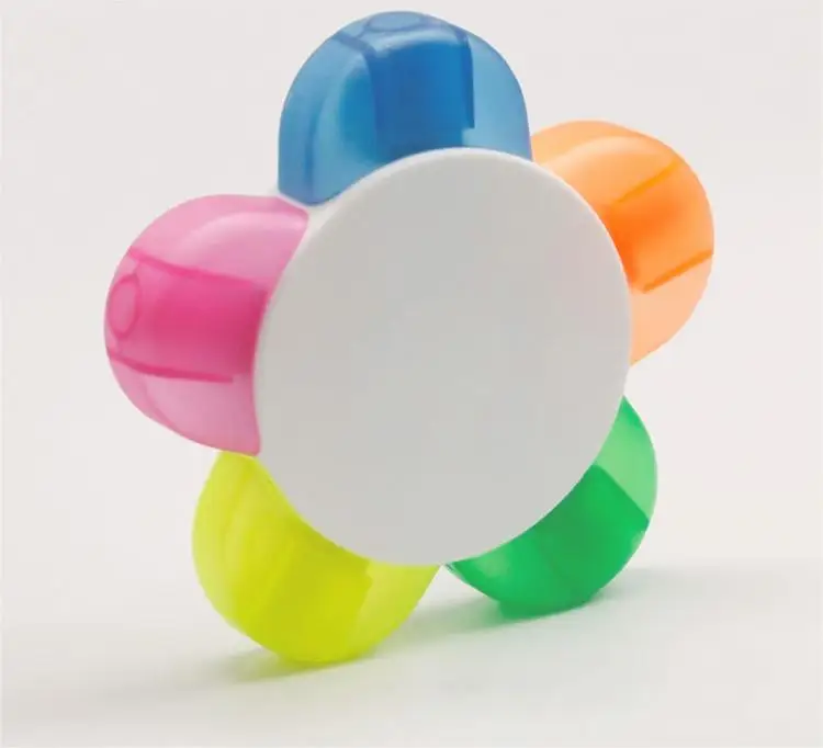 Custom Logo Multi-Color Flower-Shaped Highlighter Markers 5-in-1 Promotional Fluorescent Pen Set Oblique Brush Tip Loose