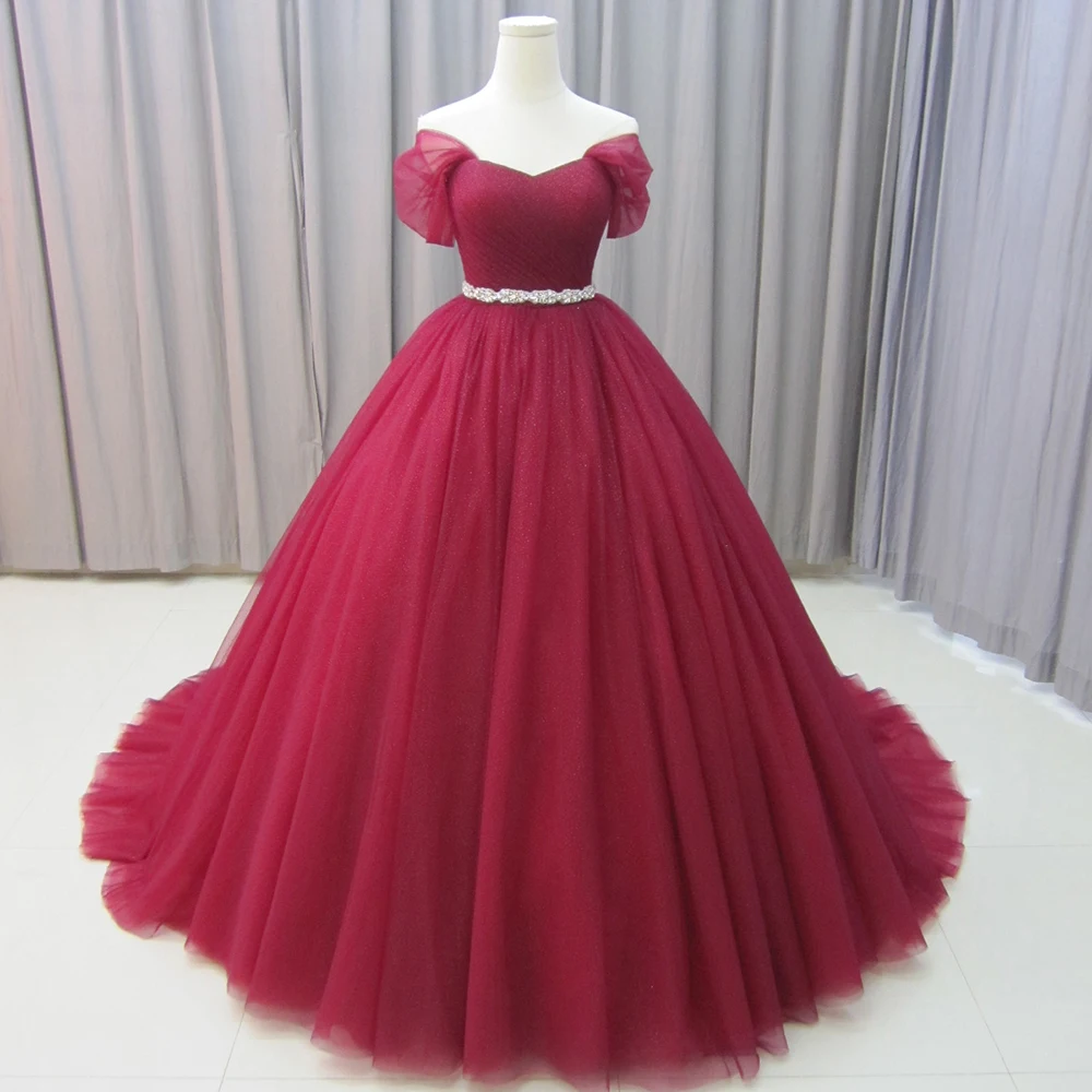 Jancember MZ0055 Traditional Burgundy Belt Evening Ball Gown Dresses With Train
