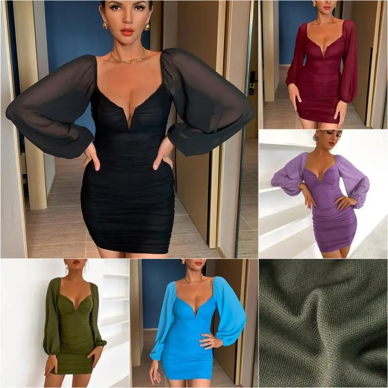 Backless Pleated Dress Women New Year 2024 Elegant Casual Solid Double Layer Mesh Mini Evening Dresses Female Clothing