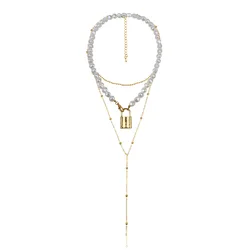 Double Layers Delicate Metal Gold Plated Chain And Pearl Lock Pendant Necklace