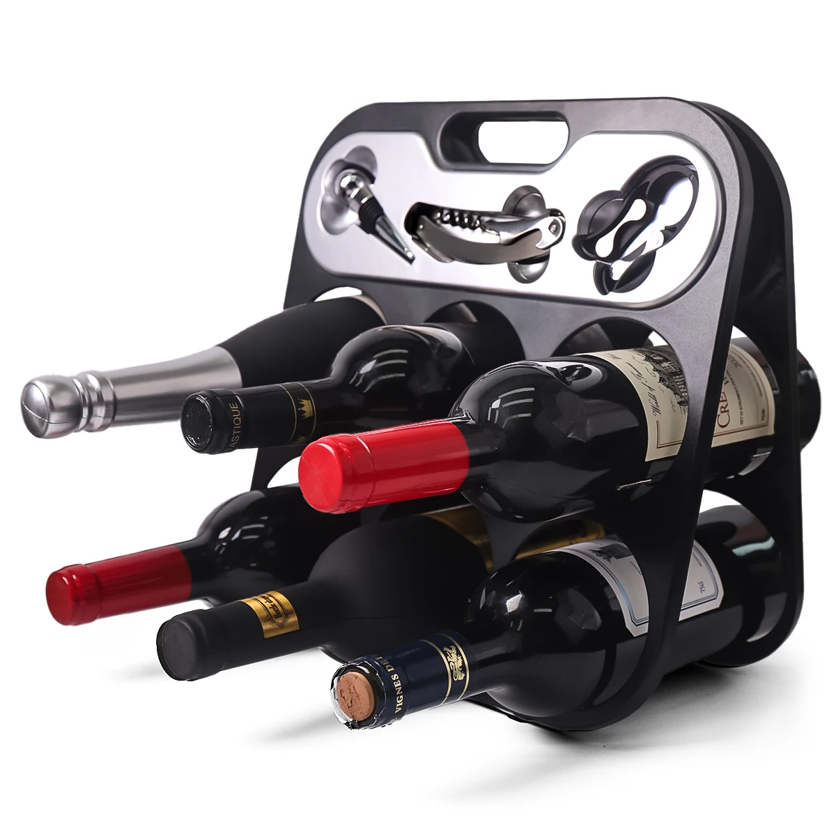 Collapsible display wine rack Adjustable plastic wine rack holder with bottle opener Wine plug aluminum foil cutter