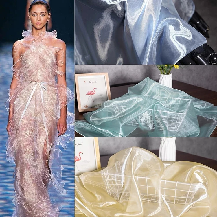 Wholesale Luxury Shiny Organza Dress Fabric Crystal Sheer Organza Fabric Free Sample Glitter Liquid Organza Fabric