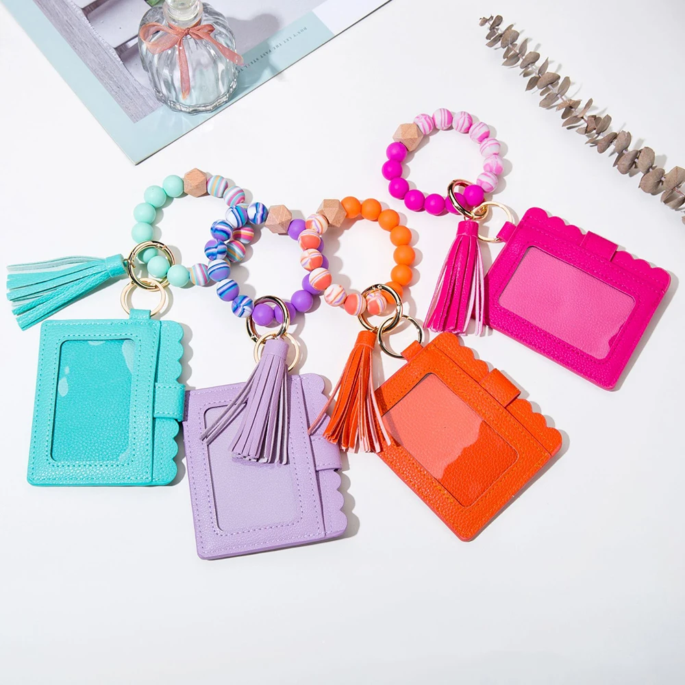Silicone Bead Pu Bracelet Card Holder Purse Tassel Wristlet Wallet Leather Keychain Wristband Decoration Car Jewelry For Gifts