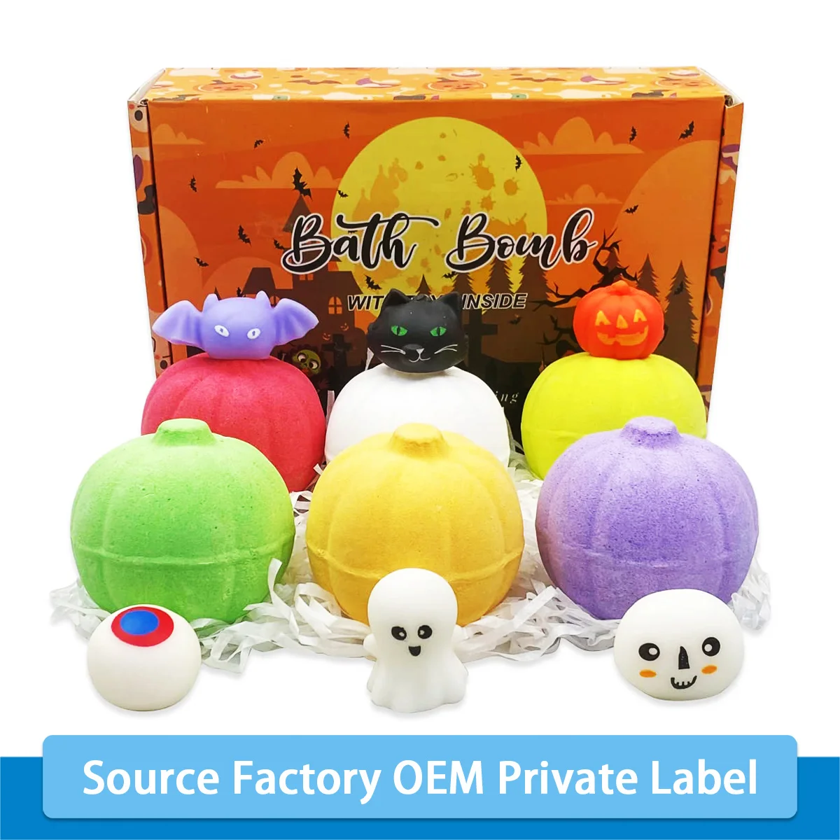 Wholesale Customized Private LabelHalloween Pumpkin Bath Bombs with Halloween Squishy Toys Inside for Kids Girls Boys