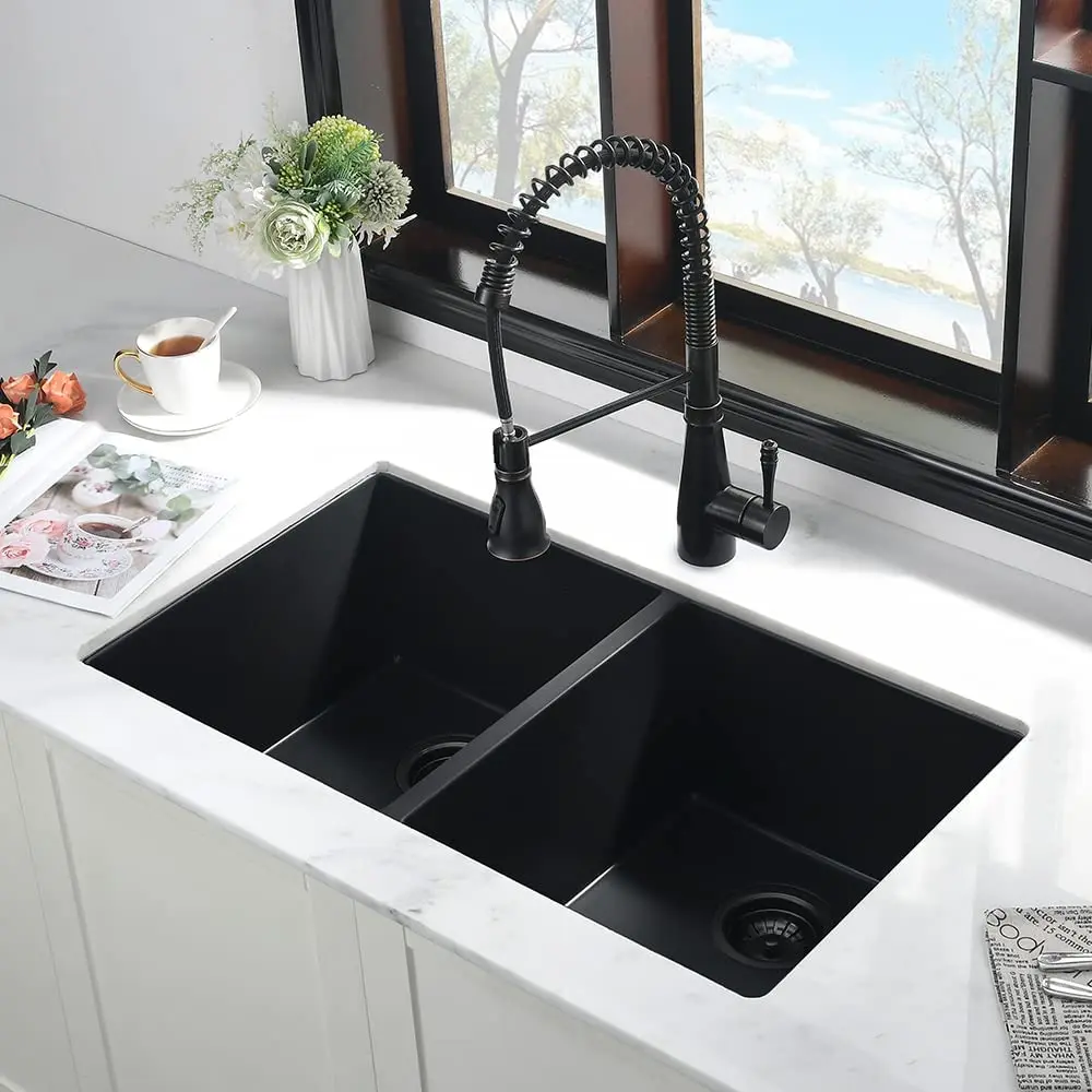 Black Quartz Kitchen Sink Undermount Composite Undermount Granite 50/50 Double Sink