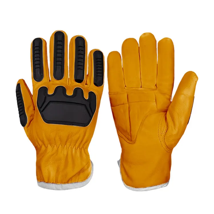 Heavy Duty Oil Resistant Protective Yellow White Impact Cotton Double Palm Oil Field Work Hand Durable Gloves Goat Skin Leather