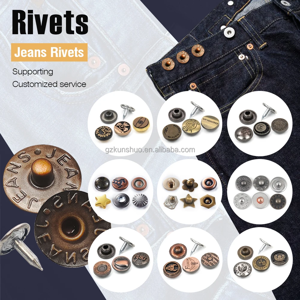 Custom engraved  brand stainless steel copper iron brass metal silver rivet and denim clothes jacket jean button for jeans denim