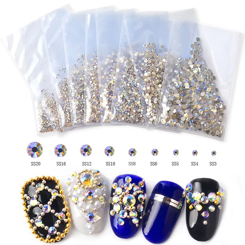 
Hot Sale Shiny AB Glass Crystal Rhinestones Mix Sizes Shiny Flatback 3d Nail Art Decorations 