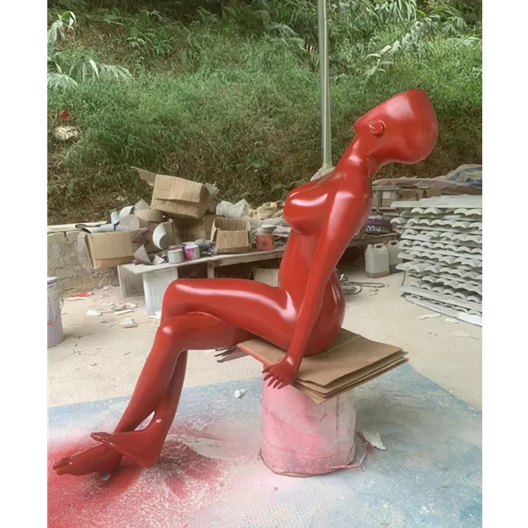 FRP Red abstract art woman model Shop window art statue Outdoor cartoon decorative ornaments Waterscape sculpture model