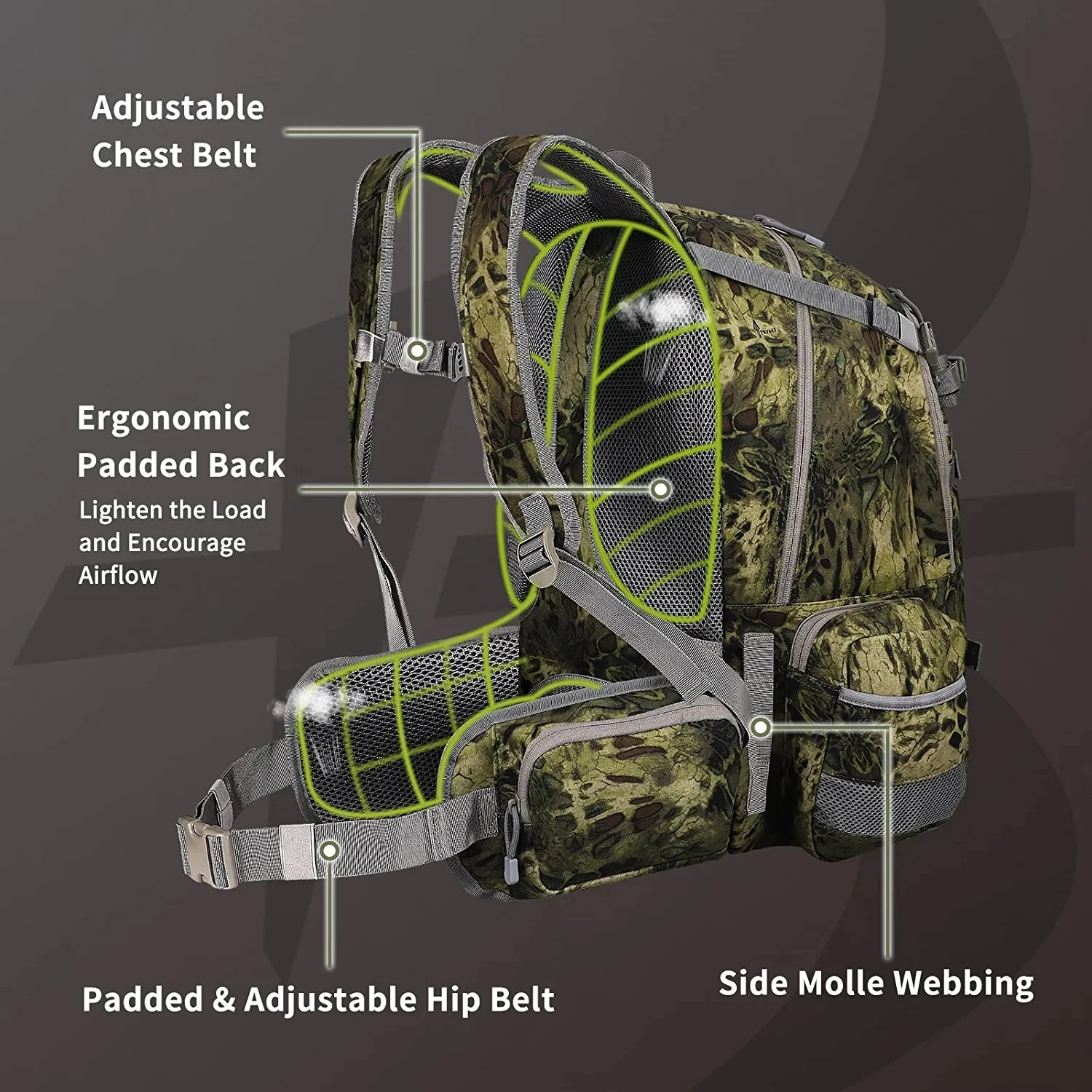 YOUK Durable Camouflage Hunting Backpack with Extendable Rain Cover Large Capacity Turkey Vest Waist Belt for Outdoor Hunters