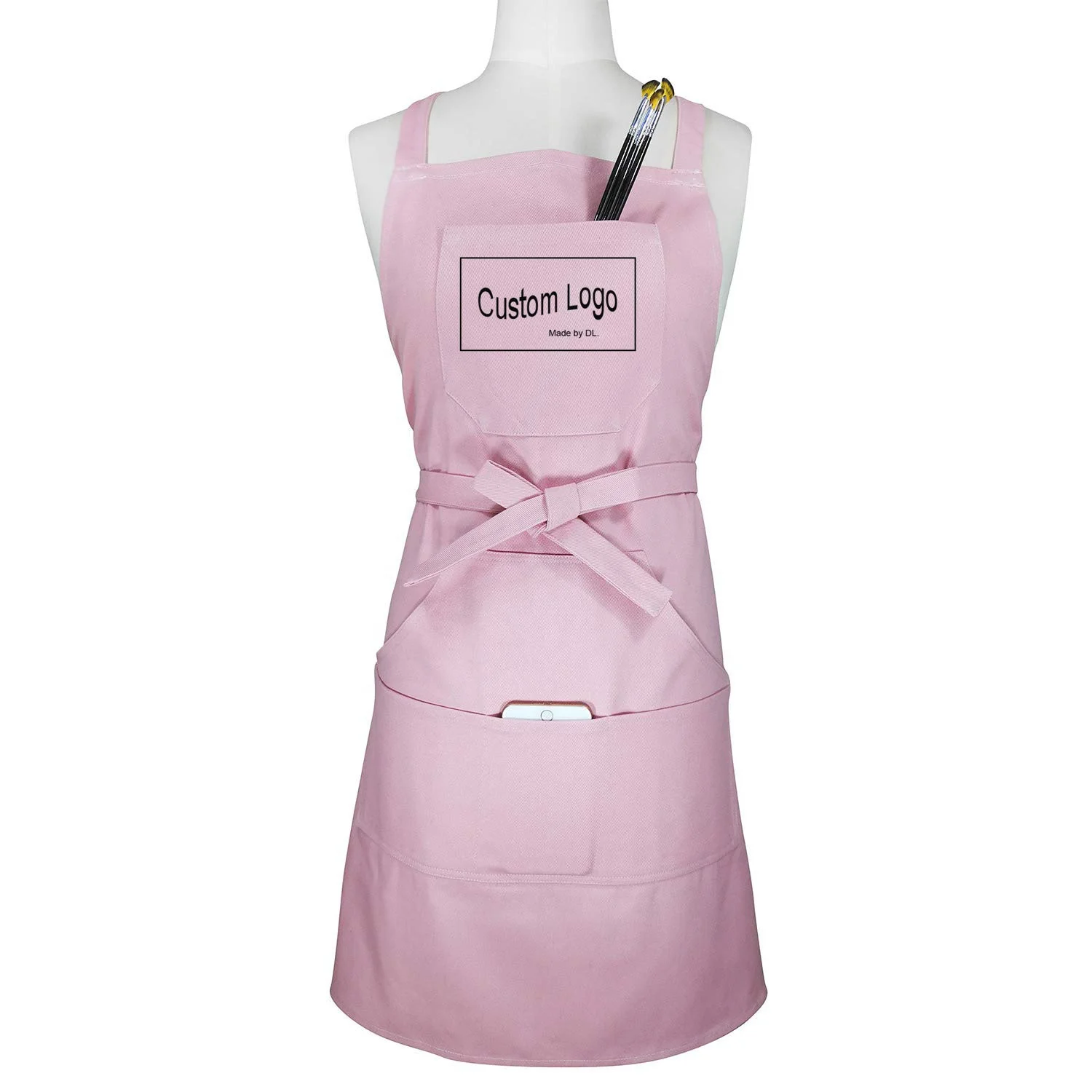 DUOLAI wholesale custom logo adjustable cotton twill pink BBQ garden apron with pockets